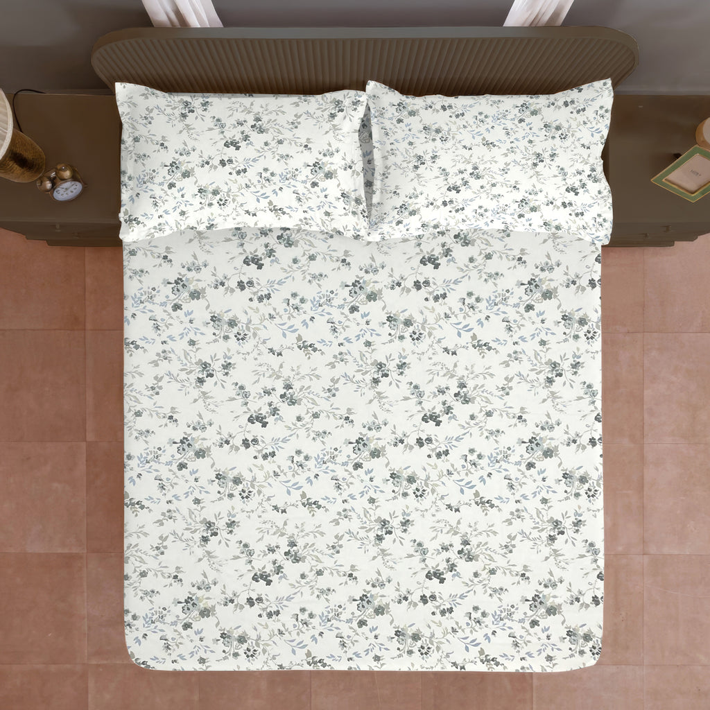 Grey Blossom Floral 210 TC Pure Cotton Double King Bedsheet With 2 Pillow Covers