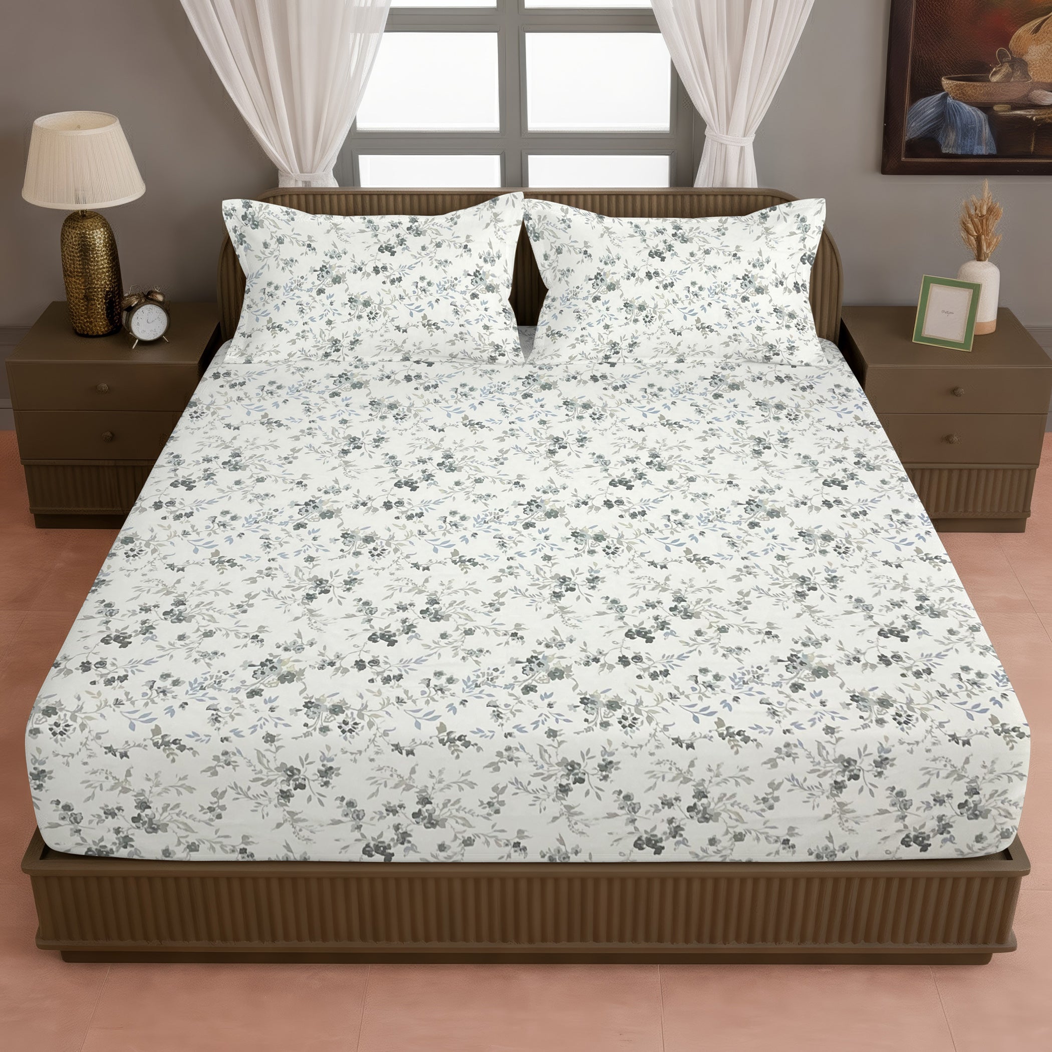 Grey Blossom Floral 210 TC Pure Cotton Double King Bedsheet With 2 Pillow Covers