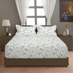 Grey Blossom Floral 210 TC Pure Cotton Double King Bedsheet With 2 Pillow Covers