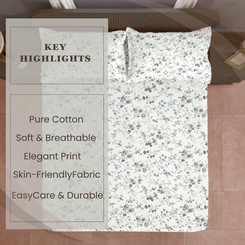Grey Blossom Floral 210 TC Pure Cotton Double King Bedsheet With 2 Pillow Covers