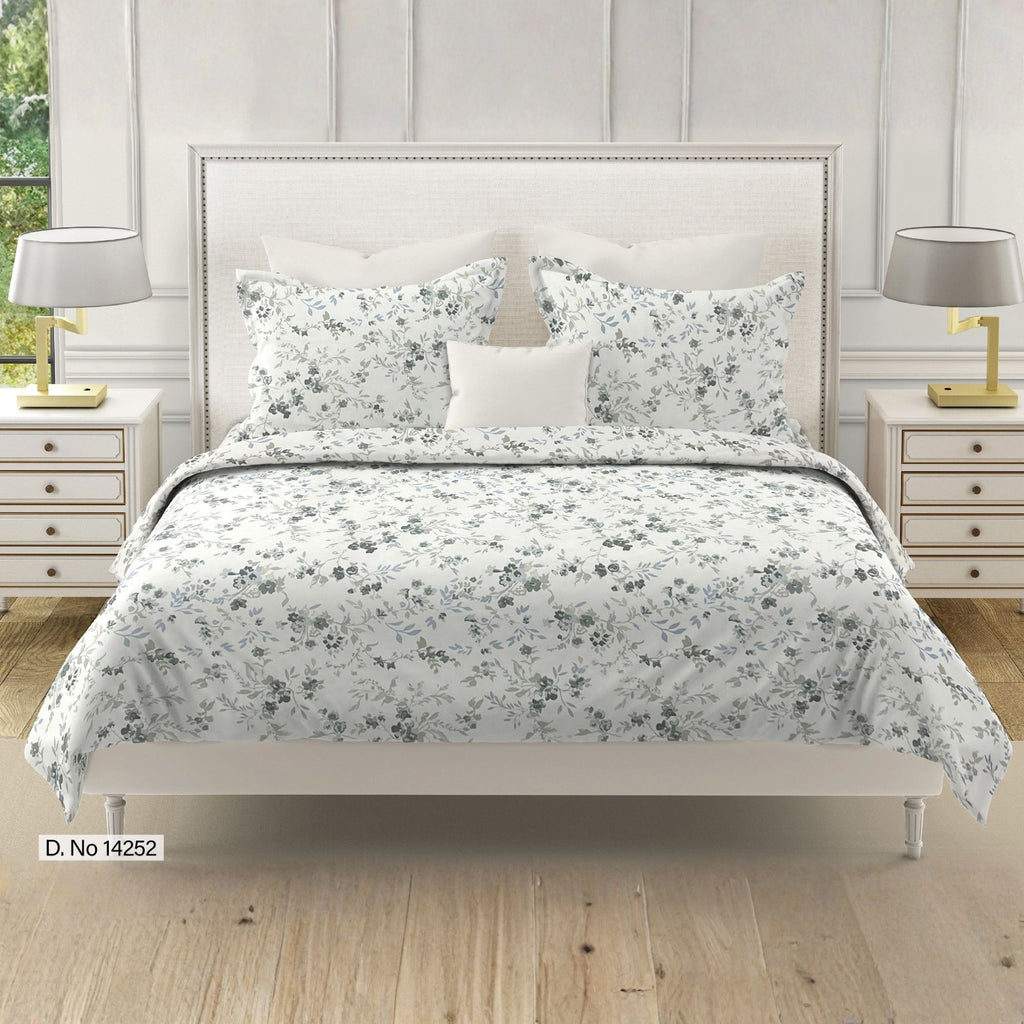 Grey Blossom Floral 210 TC Pure Cotton Double King Bedsheet With 2 Pillow Covers