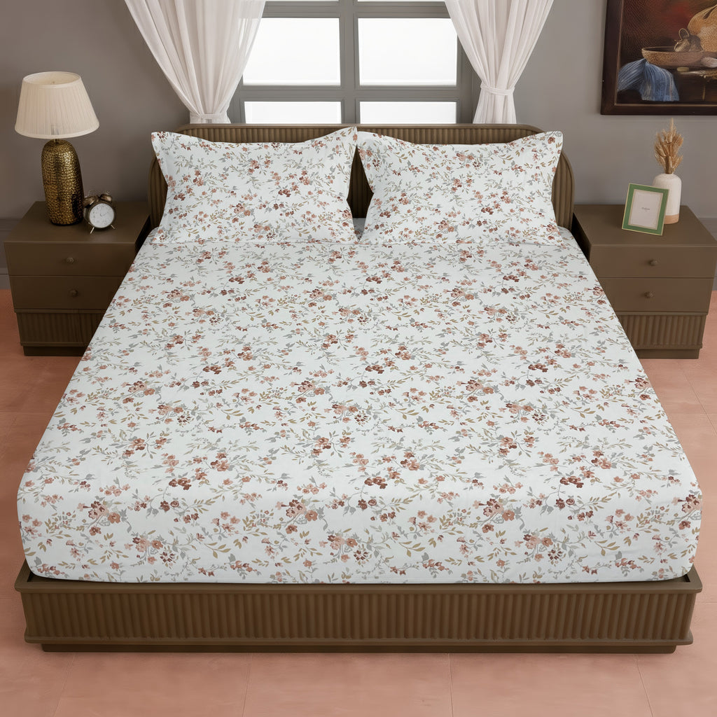 Autumn Blossom Floral 210 TC Pure Cotton Double King Bedsheet With 2 Pillow Covers