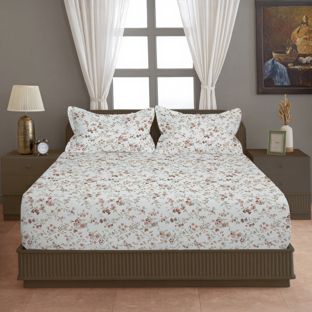 Autumn Blossom Floral 210 TC Pure Cotton Double King Bedsheet With 2 Pillow Covers