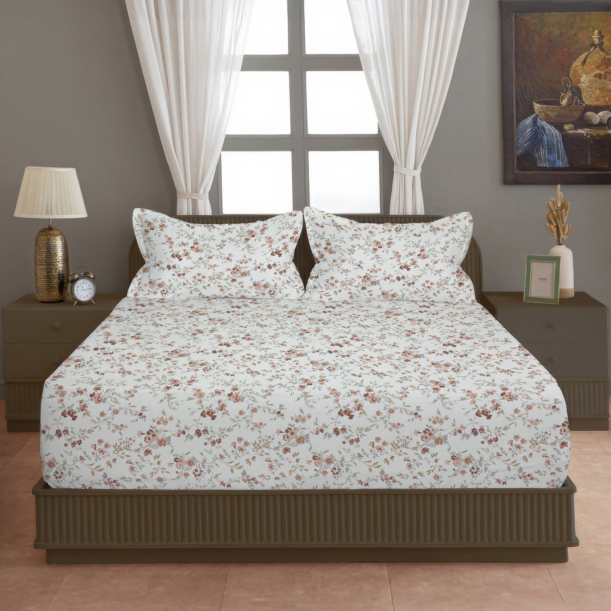 Autumn Blossom Floral 210 TC Pure Cotton Double King Bedsheet With 2 Pillow Covers