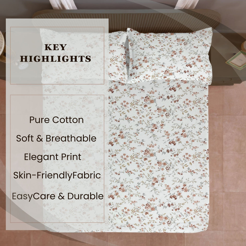 Autumn Blossom Floral 210 TC Pure Cotton Double King Bedsheet With 2 Pillow Covers