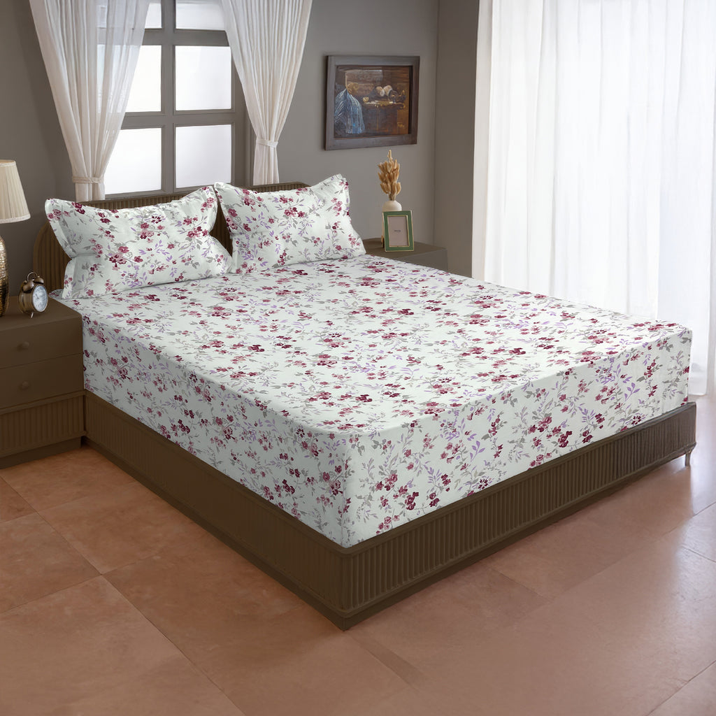 Rose Blossom Floral 210 TC Pure Cotton Double King Bedsheet With 2 Pillow Covers