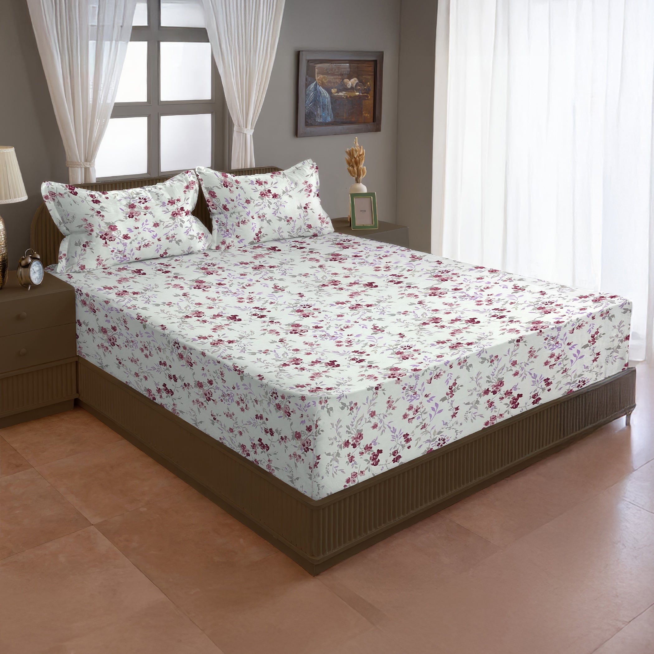 Rose Blossom Floral 210 TC Pure Cotton Super King Bedsheet With 2 Pillow Covers ( 108x108 Inches )