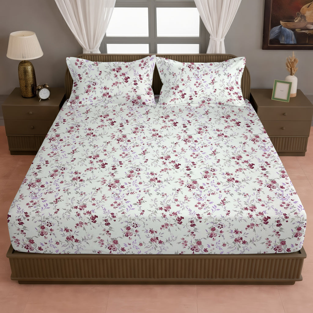 Rose Blossom Floral 210 TC Pure Cotton Double King Bedsheet With 2 Pillow Covers