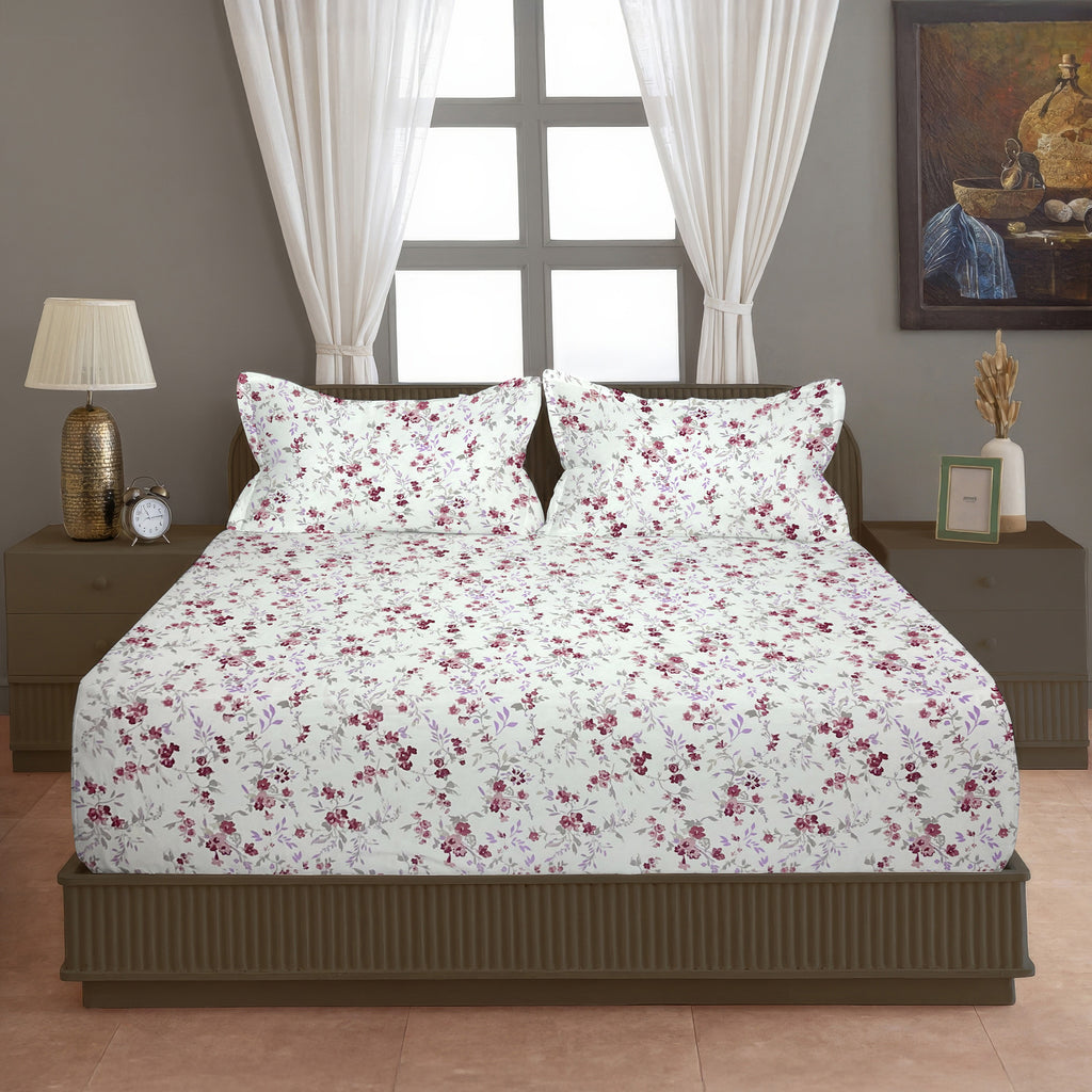 Rose Blossom Floral 210 TC Pure Cotton Double King Bedsheet With 2 Pillow Covers