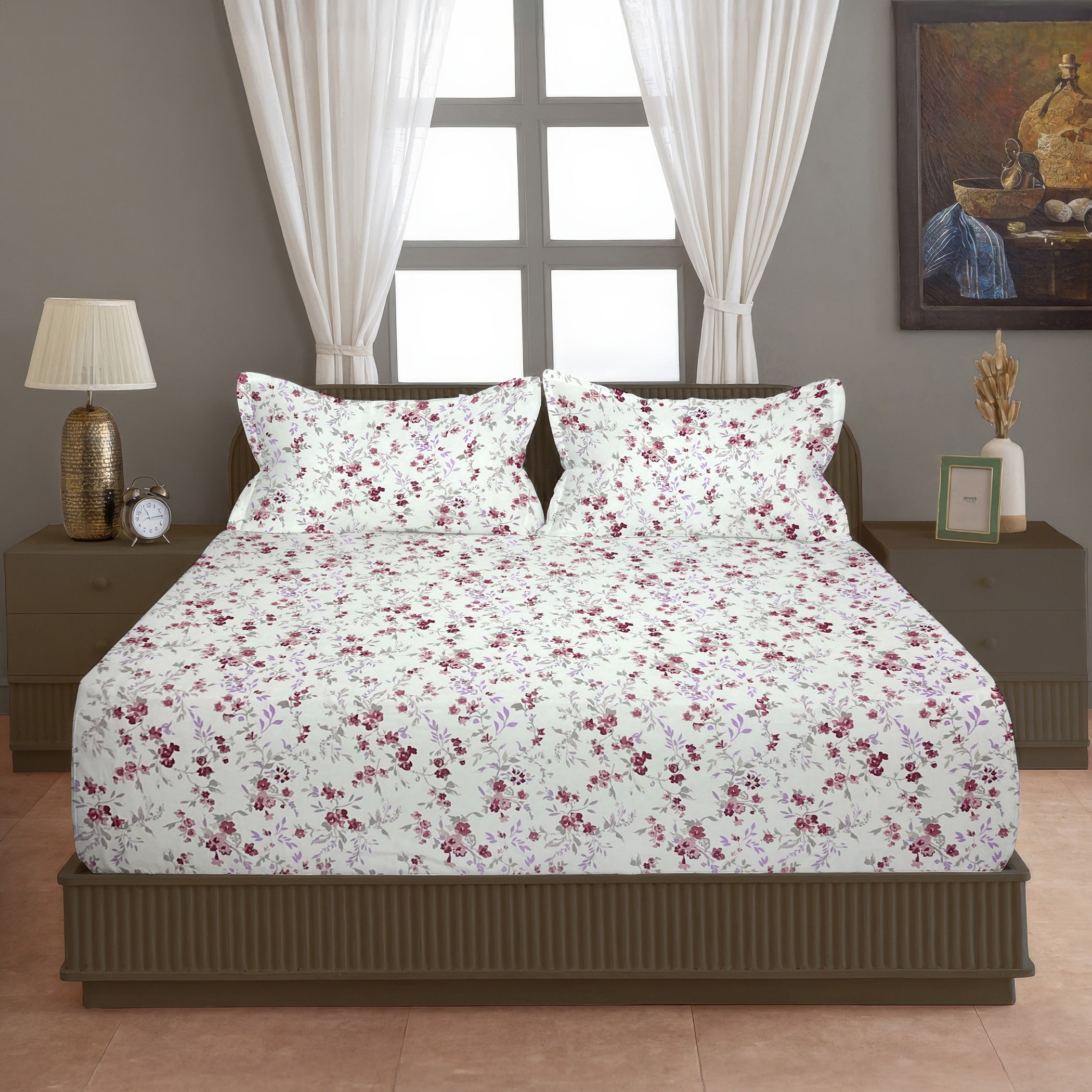 Rose Blossom Floral 210 TC Pure Cotton Super King Bedsheet With 2 Pillow Covers ( 108x108 Inches )