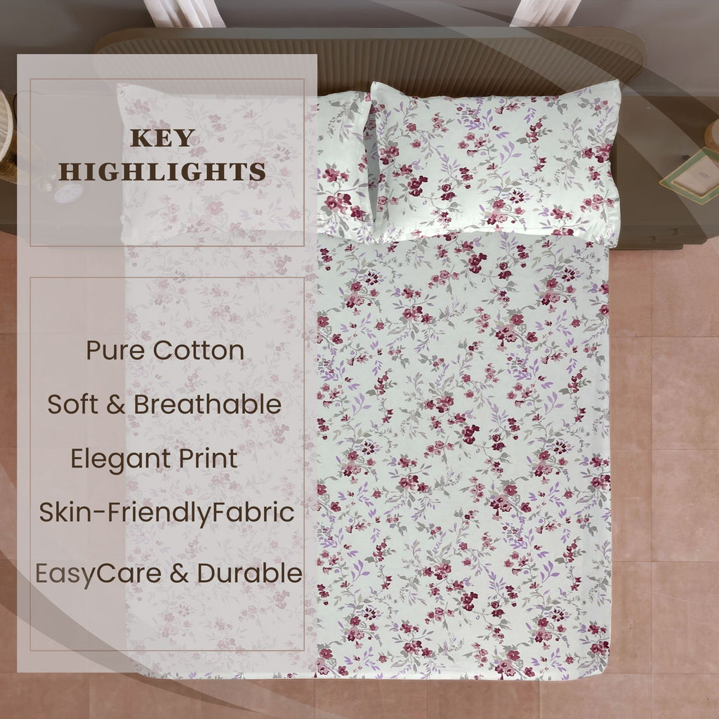 Rose Blossom Floral 210 TC Pure Cotton Double King Bedsheet With 2 Pillow Covers