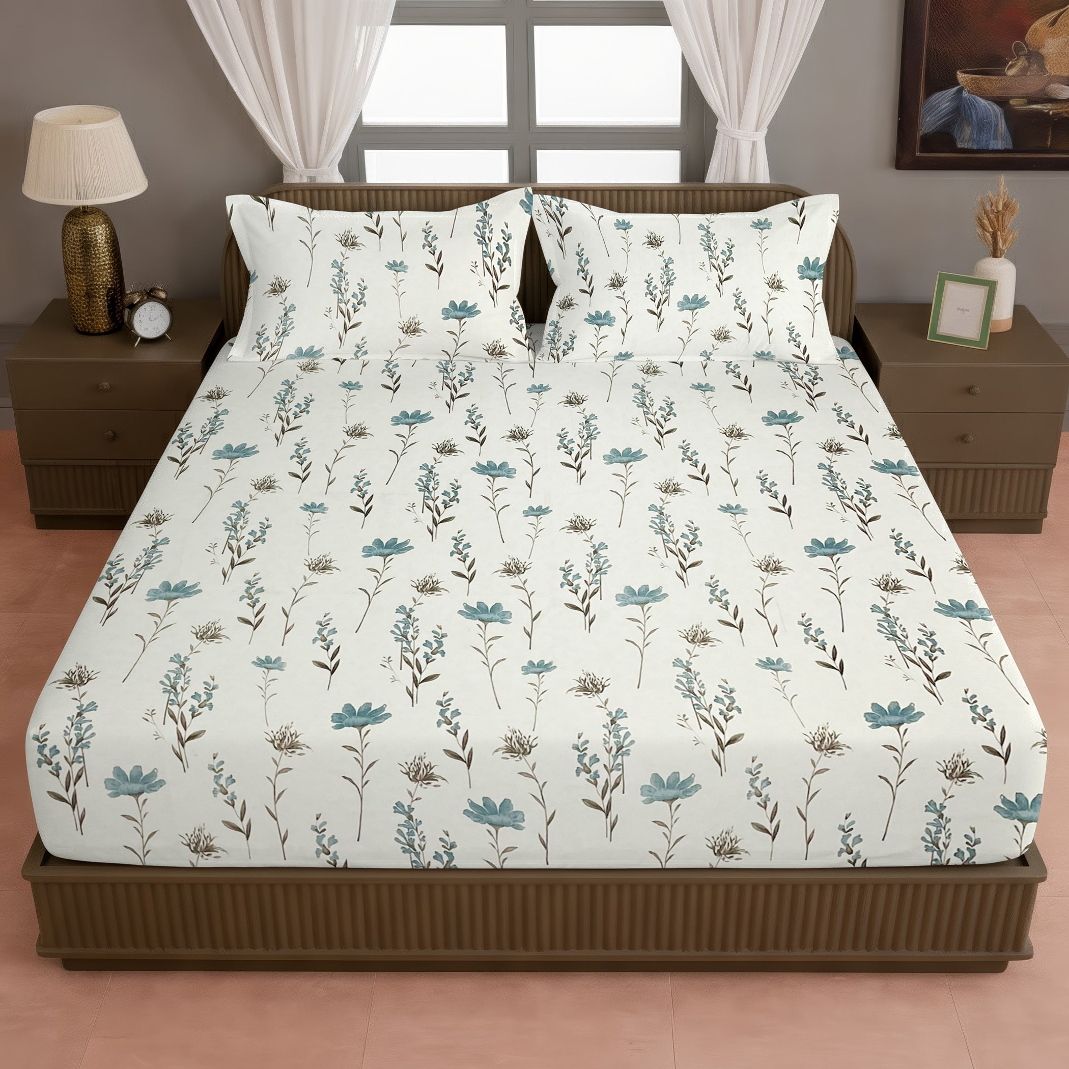 Wildflower Meadow 210 TC Pure Cotton Double King Bedsheet With 2 Pillow Covers