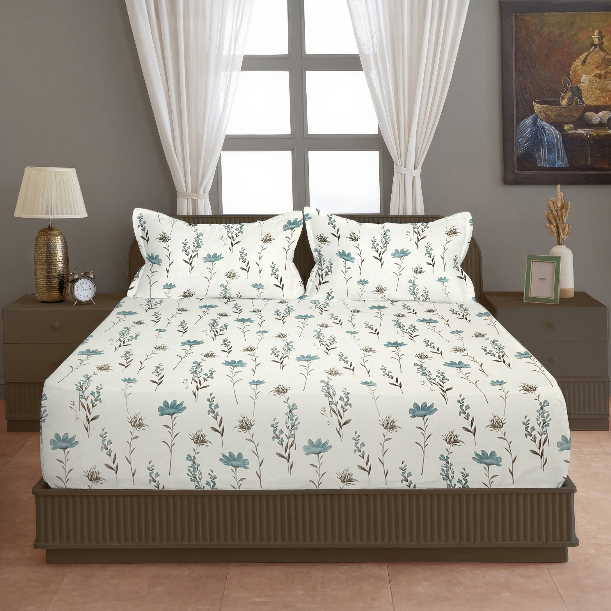 Wildflower Meadow 210 TC Pure Cotton Double King Bedsheet With 2 Pillow Covers