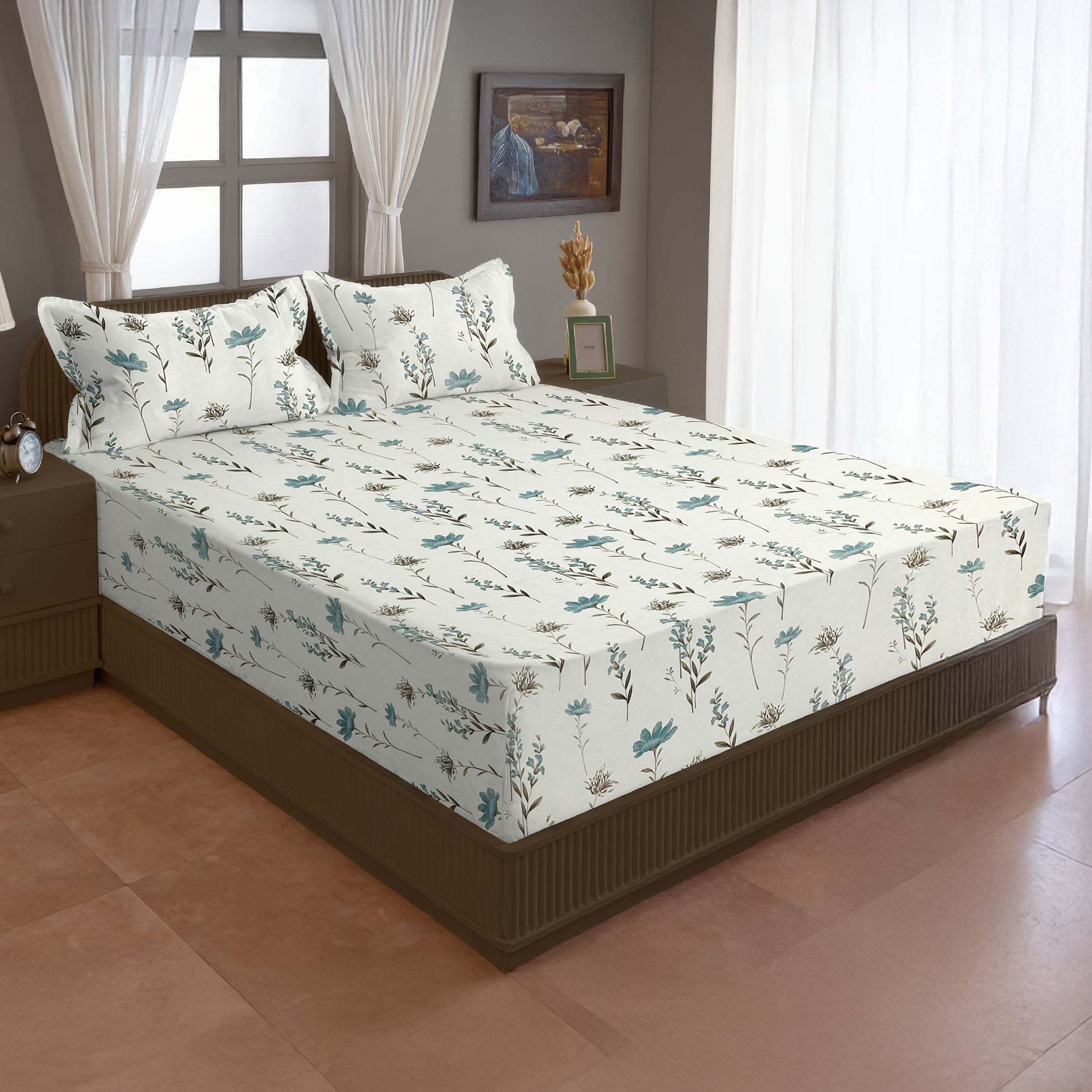Wildflower Meadow 210 TC Pure Cotton Double King Bedsheet With 2 Pillow Covers