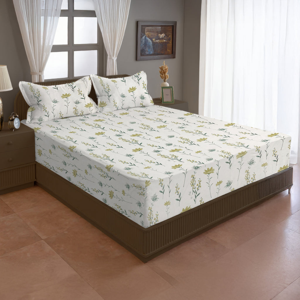 Meadow Blossom 210 TC Pure Cotton Double King Bedsheet With 2 Pillow Covers