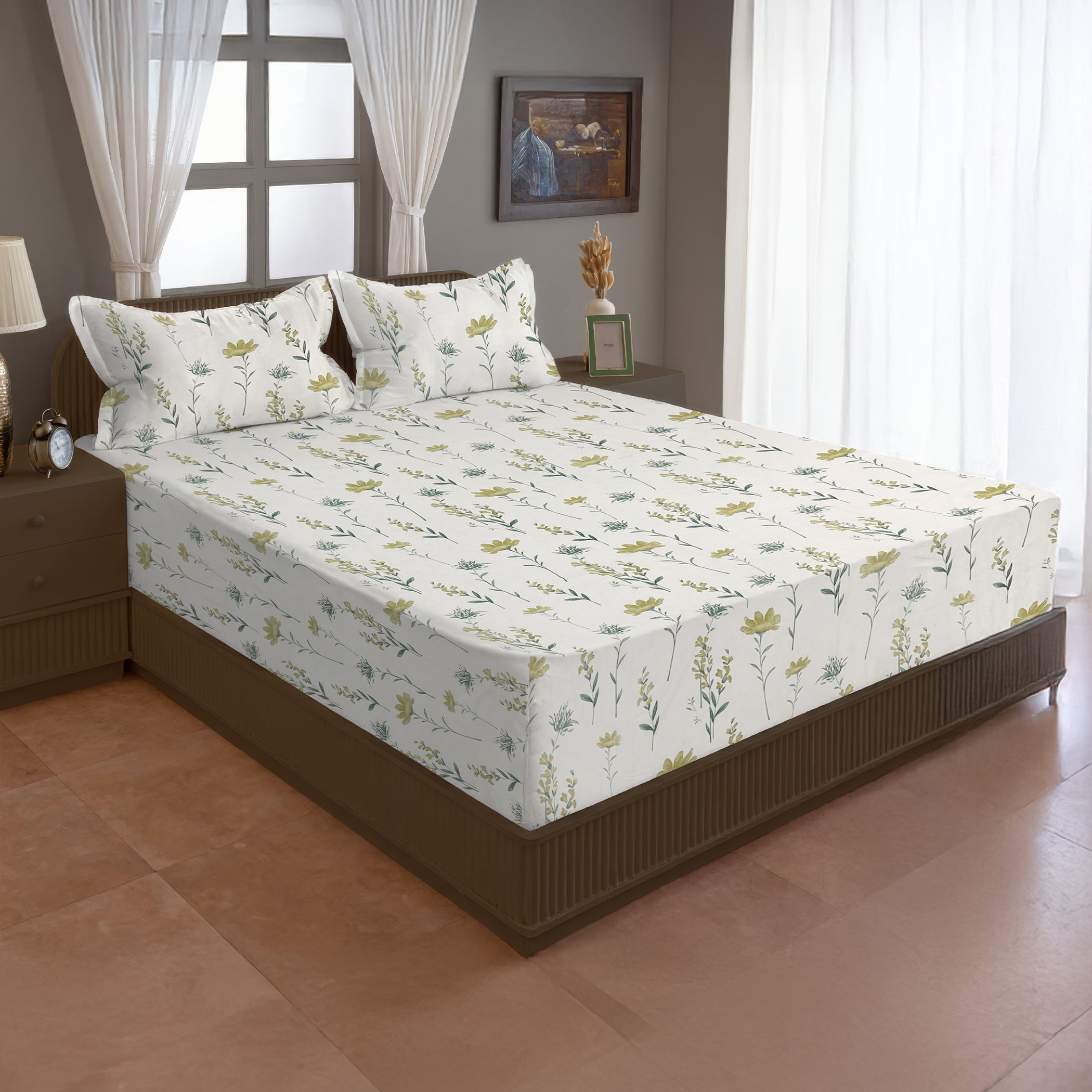 Meadow Blossom 210 TC Pure Cotton Super King Bedsheet With 2 Pillow Covers ( 108x108 Inches )