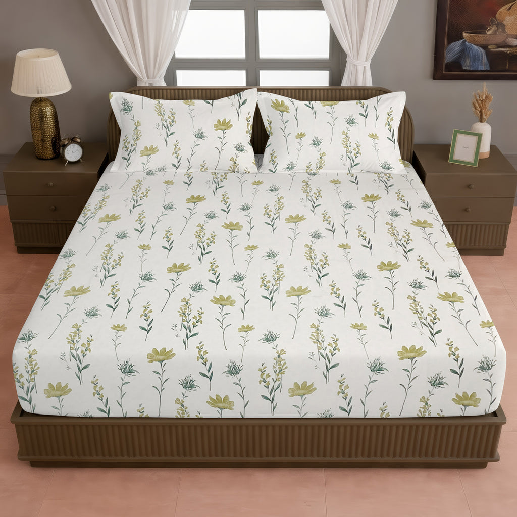 Meadow Blossom 210 TC Pure Cotton Double King Bedsheet With 2 Pillow Covers