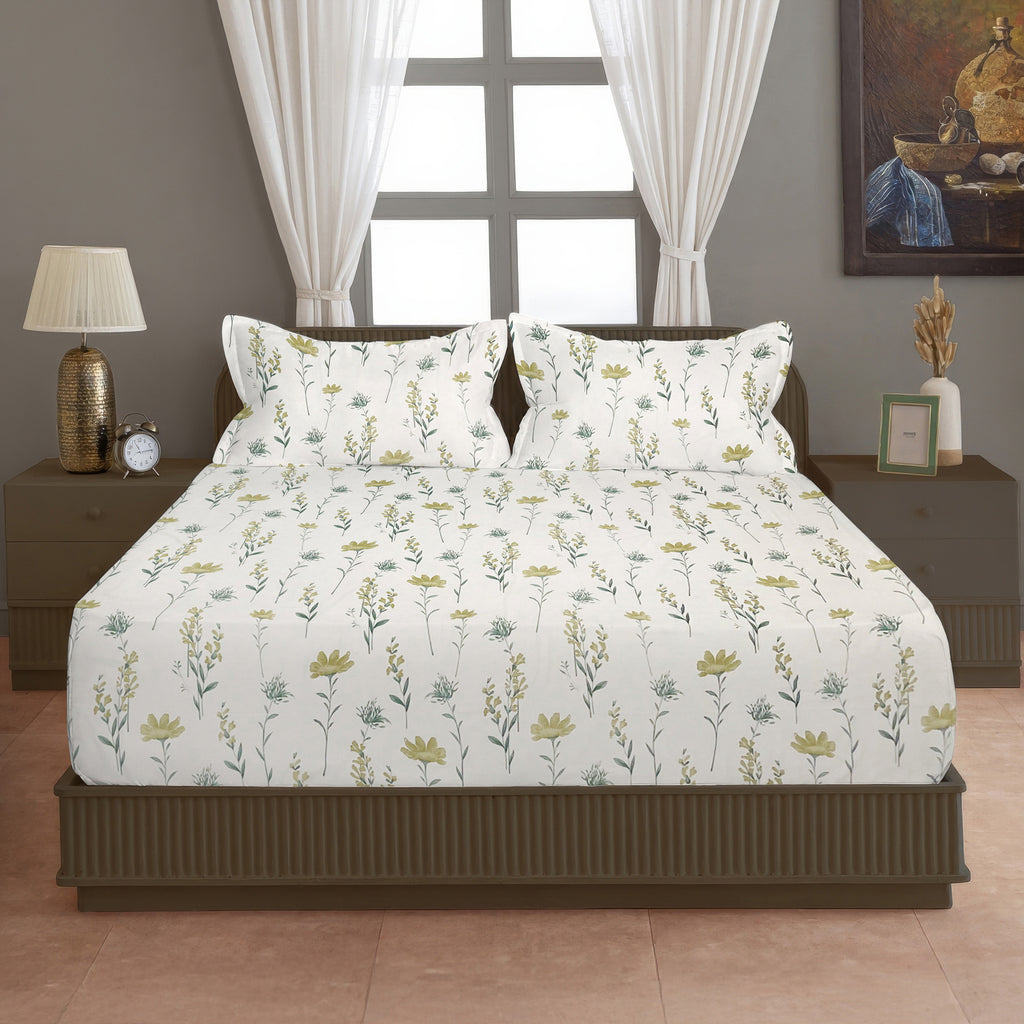 Meadow Blossom 210 TC Pure Cotton Double King Bedsheet With 2 Pillow Covers