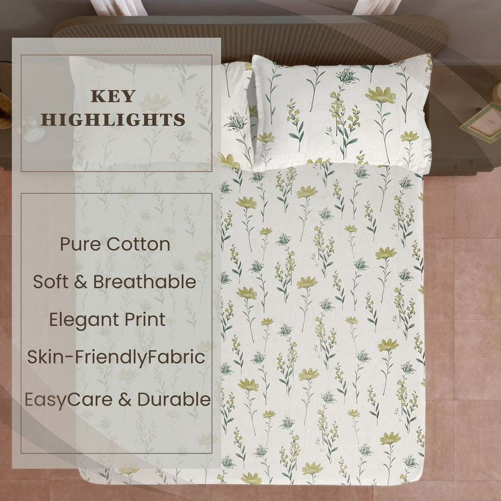 Meadow Blossom 210 TC Pure Cotton Double King Bedsheet With 2 Pillow Covers