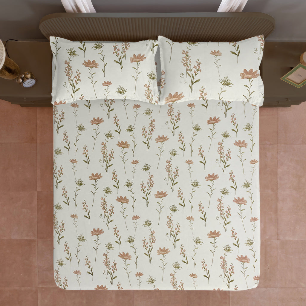 Blush Meadow 210 TC Pure Cotton Super King Bedsheet With 2 Pillow Covers