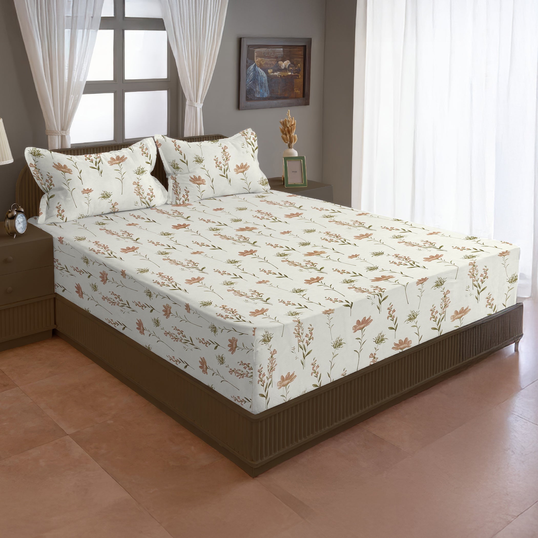 Blush Meadow 210 TC Pure Cotton Super King Bedsheet With 2 Pillow Covers ( 108x108 Inches )
