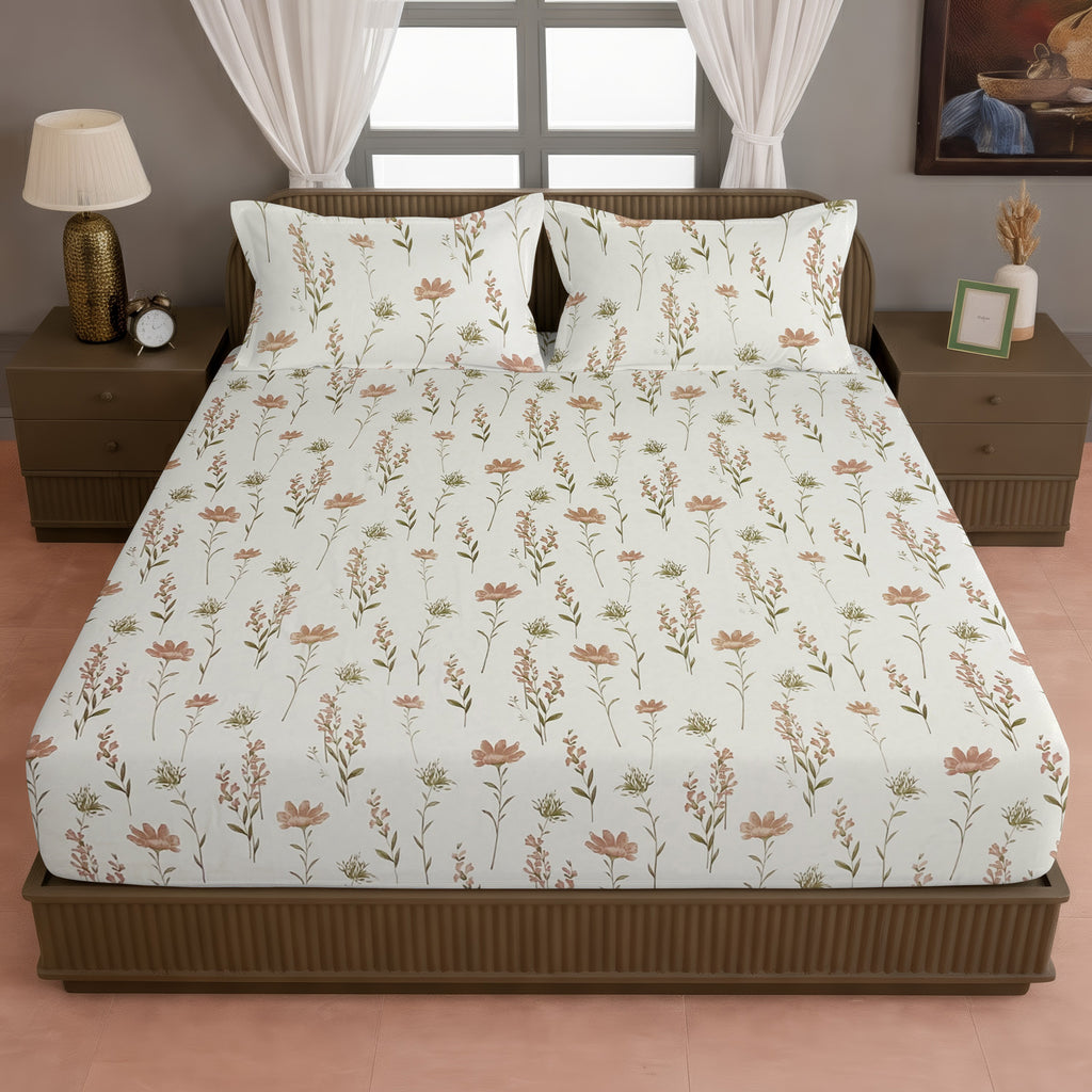Blush Meadow 210 TC Pure Cotton Super King Bedsheet With 2 Pillow Covers