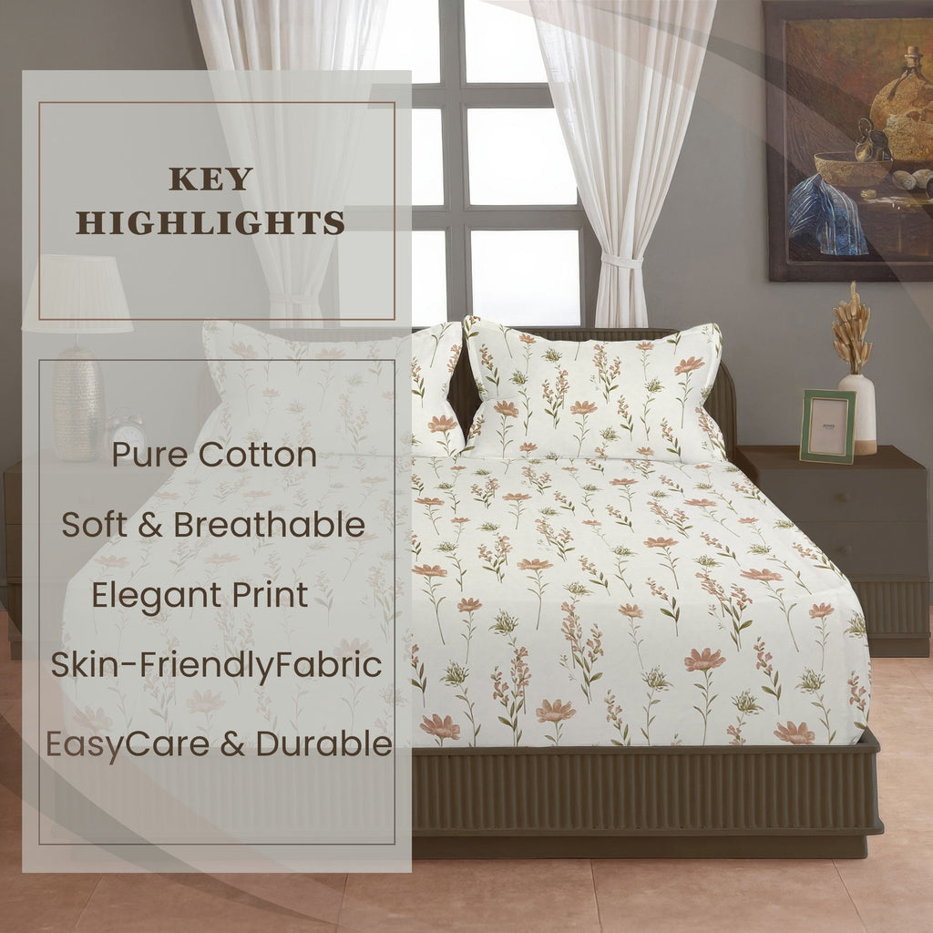 Blush Meadow 210 TC Pure Cotton Super King Bedsheet With 2 Pillow Covers