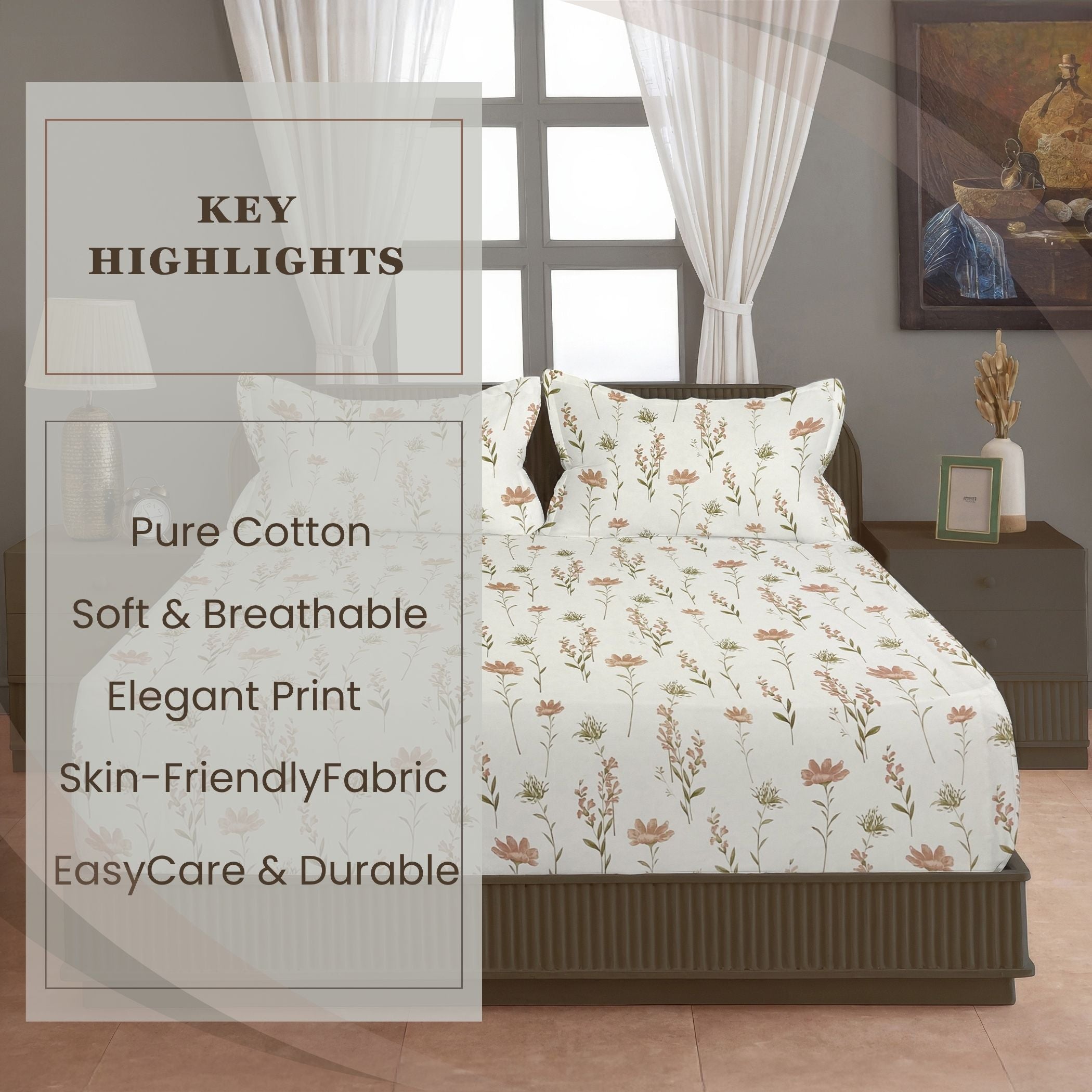 Blush Meadow 210 TC Pure Cotton Super King Bedsheet With 2 Pillow Covers ( 108x108 Inches )