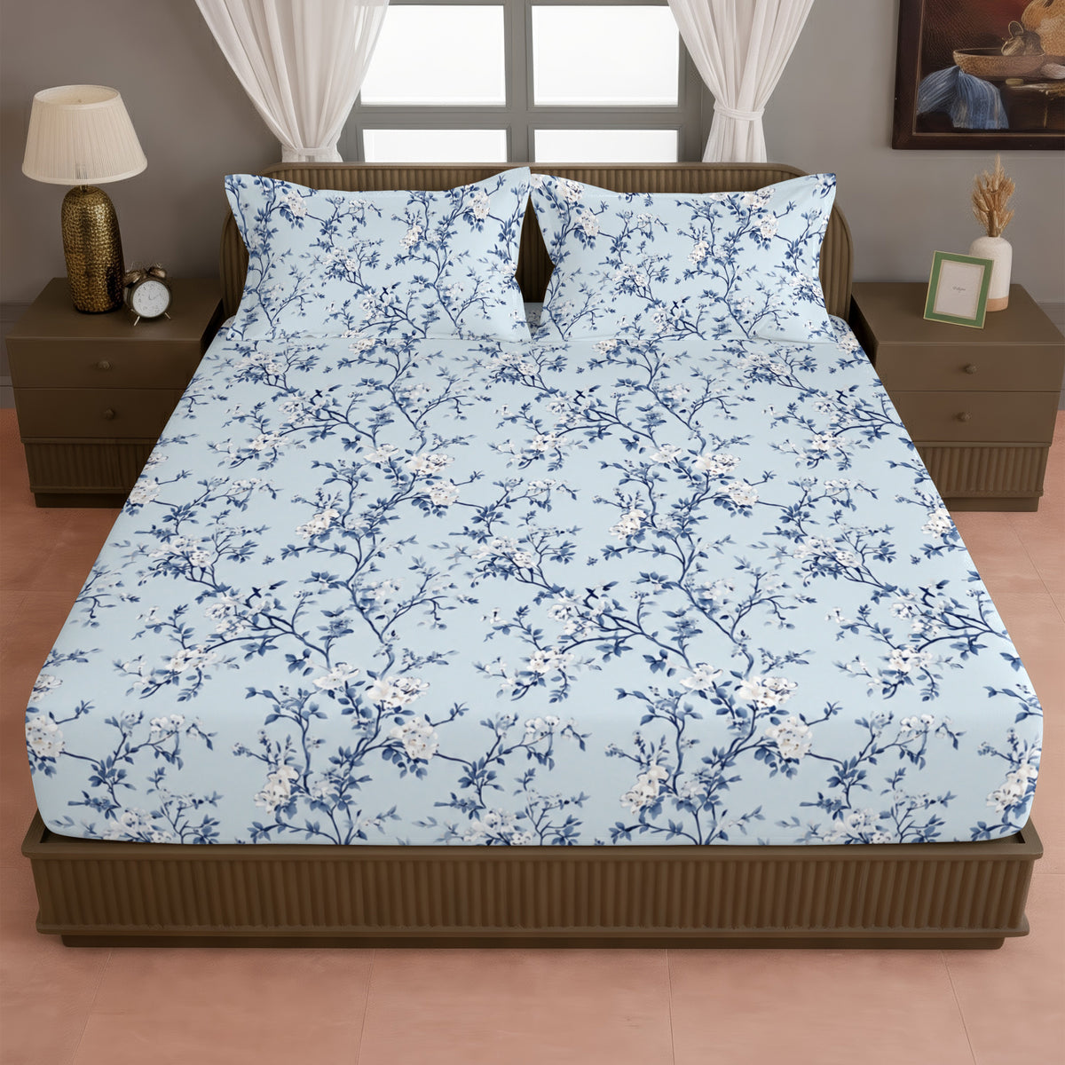 Sky Blue Navy Floral 180 TC Cotton Bedsheet with 2 Pillow Covers