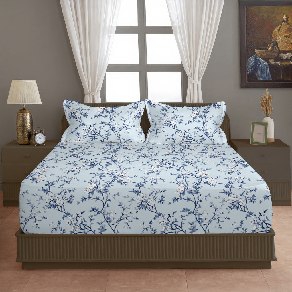 Sky Blue Navy Floral 180 TC Cotton Bedsheet with 2 Pillow Covers