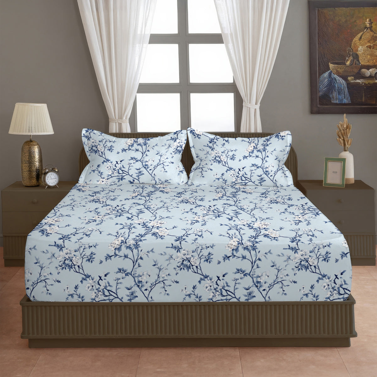 Sky Blue Navy Floral 180 TC Cotton Bedsheet with 2 Pillow Covers