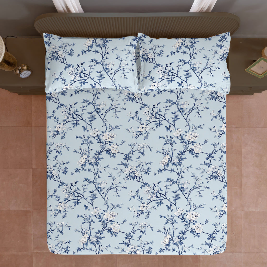 Sky Blue Navy Floral 180 TC Cotton Bedsheet with 2 Pillow Covers