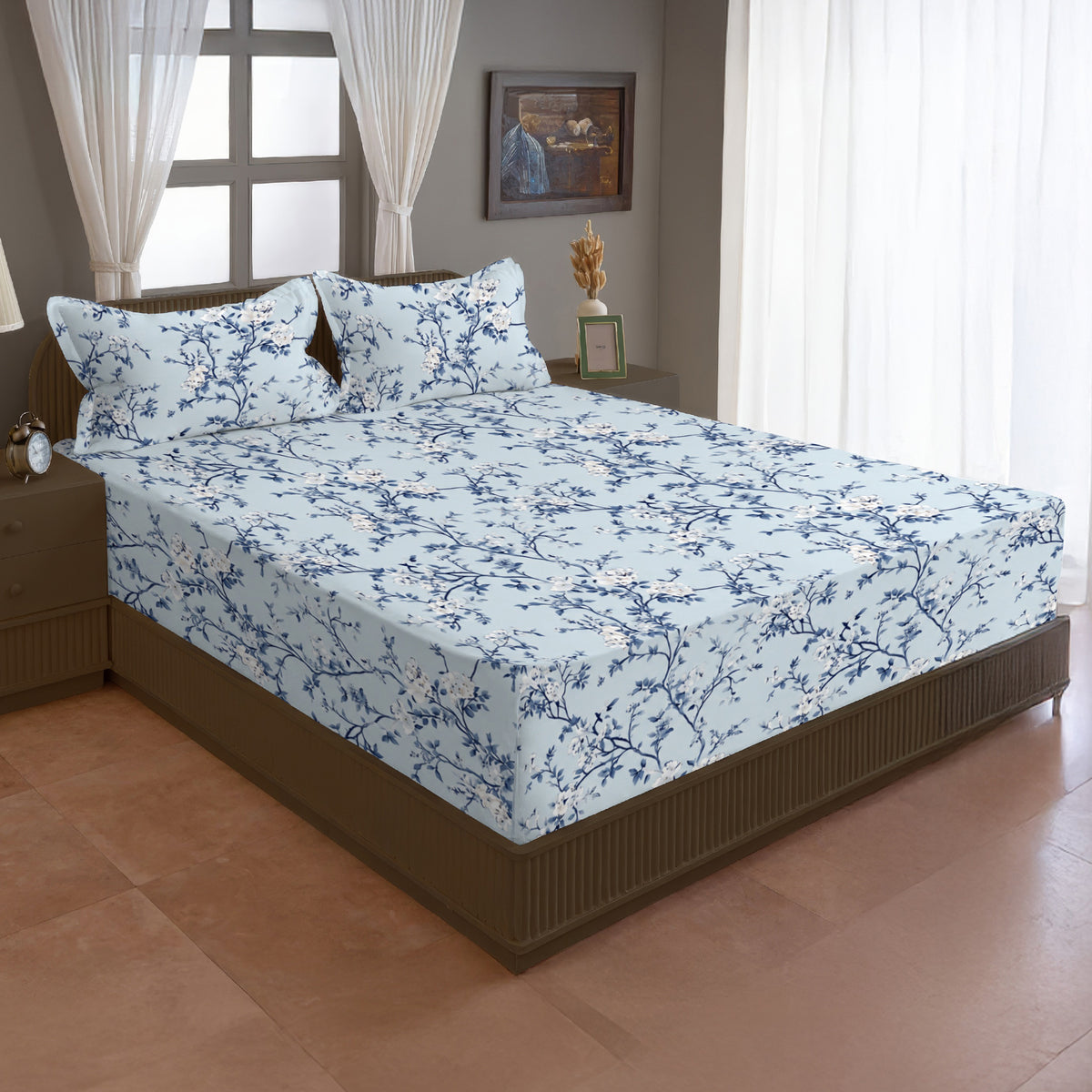 Sky Blue Navy Floral 180 TC Cotton Bedsheet with 2 Pillow Covers