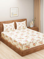 Cream Floral Printed 250 TC Cotton Queen Fitted Bedsheet with Matching 2 Pillow Covers (60x72x10 Inches)