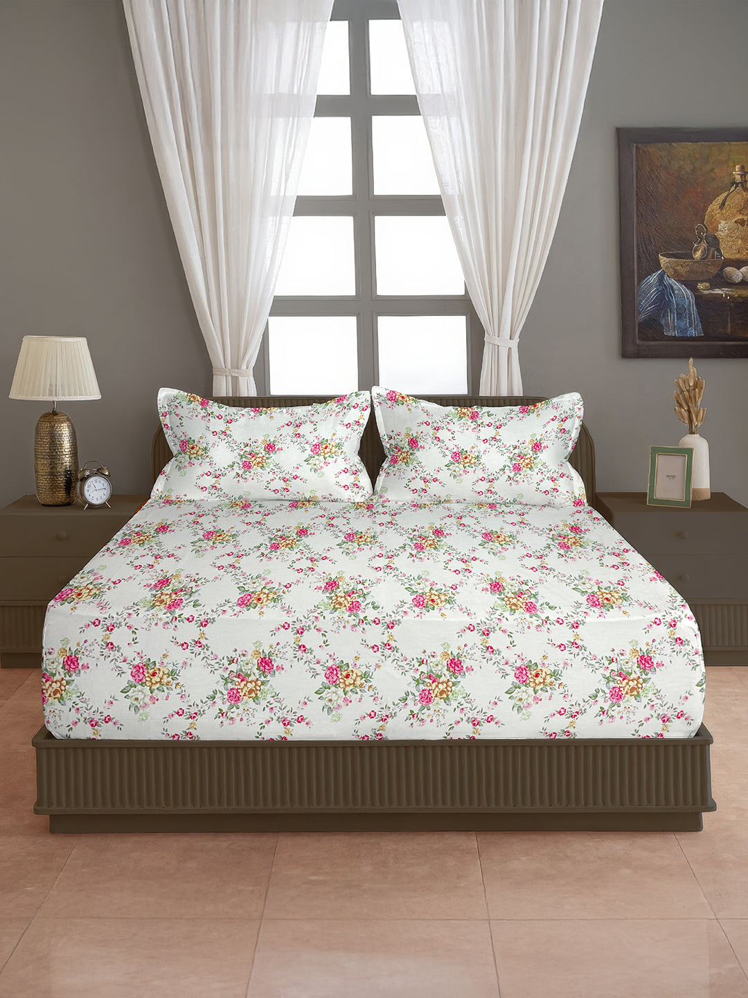 Elegant Ivory Floral Pure Cotton 250 TC Super King Bedsheet with 2 Pillow Covers (108x108 Inches)