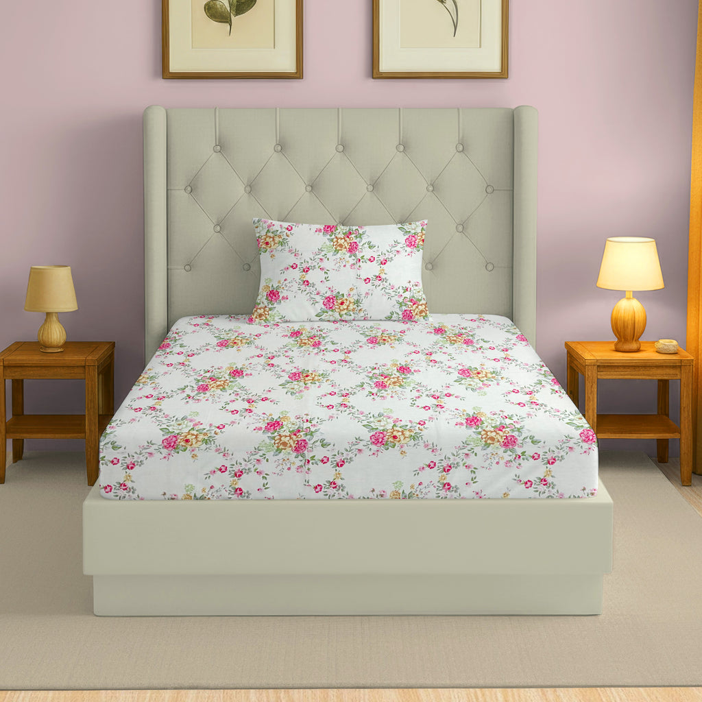 Elegant Ivory Floral Pure Cotton 250 TC Single Bedsheet with 1 Pillow Cover (60x90 Inches)
