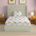 Elegant Ivory Floral Pure Cotton 250 TC Single Bedsheet with 1 Pillow Cover (60x90 Inches)