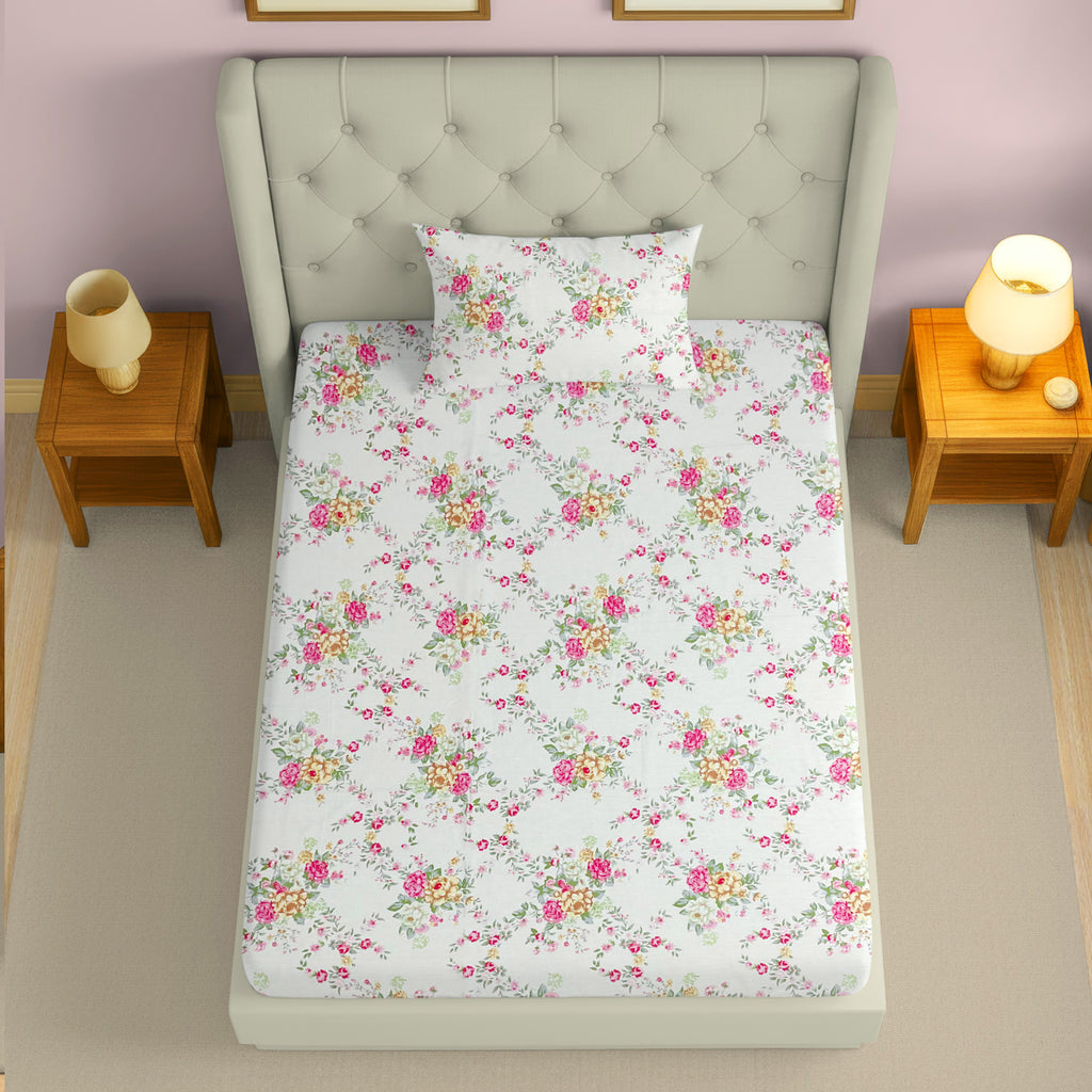 Elegant Ivory Floral Pure Cotton 250 TC Single Bedsheet with 1 Pillow Cover (60x90 Inches)