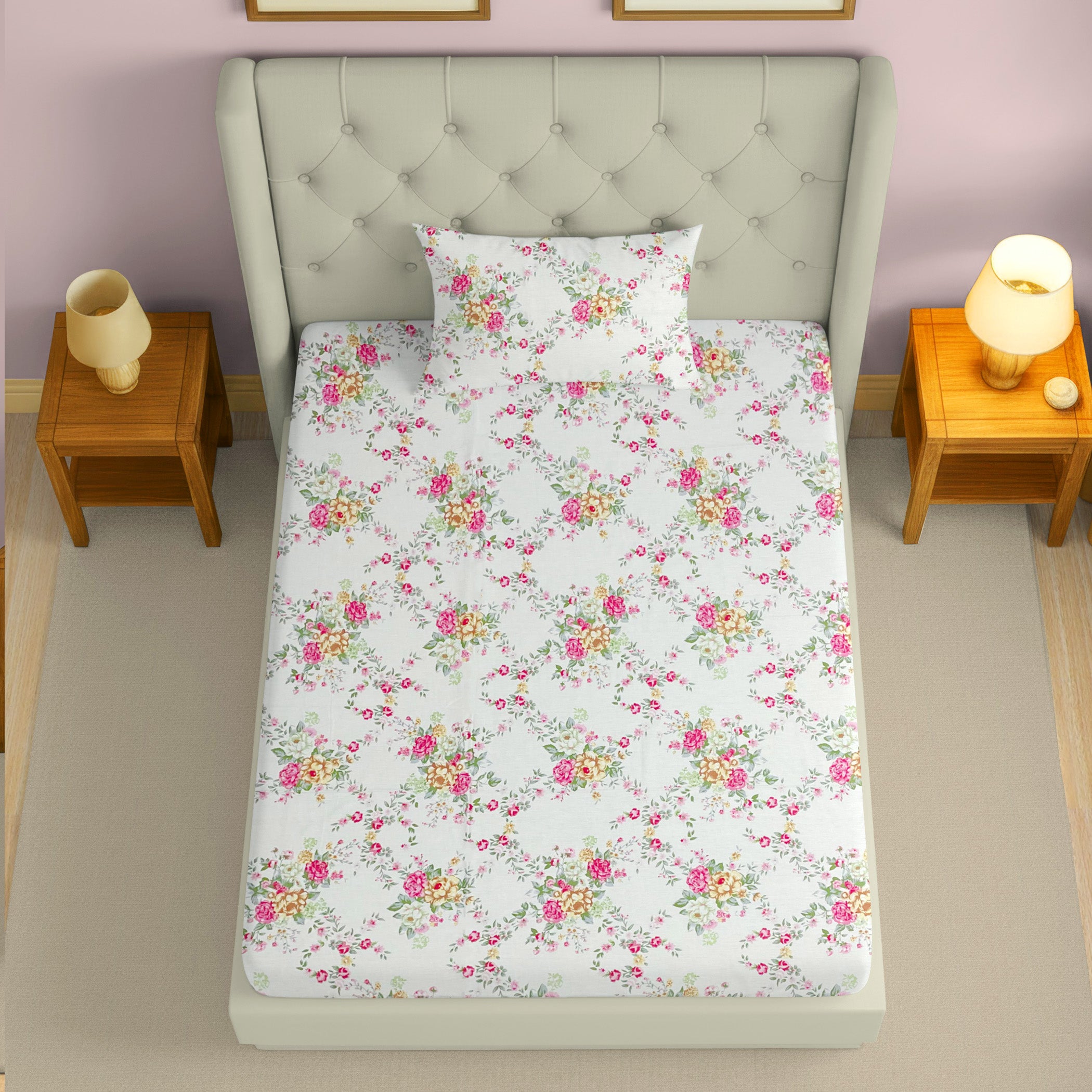 Elegant Ivory Floral Pure Cotton 250 TC Single Bedsheet with 1 Pillow Cover (60x90 Inches)