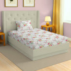 Elegant Ivory Floral Pure Cotton 250 TC Single Bedsheet with 1 Pillow Cover (60x90 Inches)