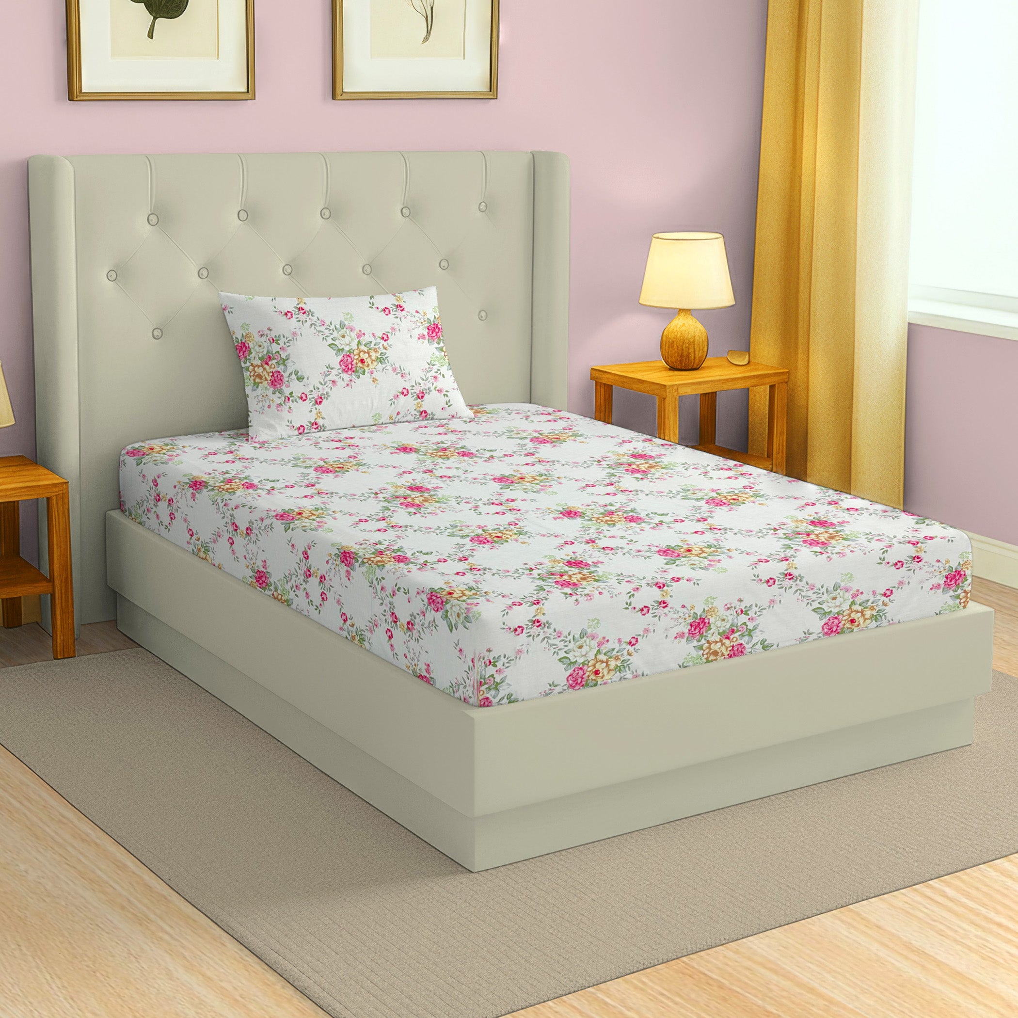 Elegant Ivory Floral Pure Cotton 250 TC Single Bedsheet with 1 Pillow Cover (60x90 Inches)