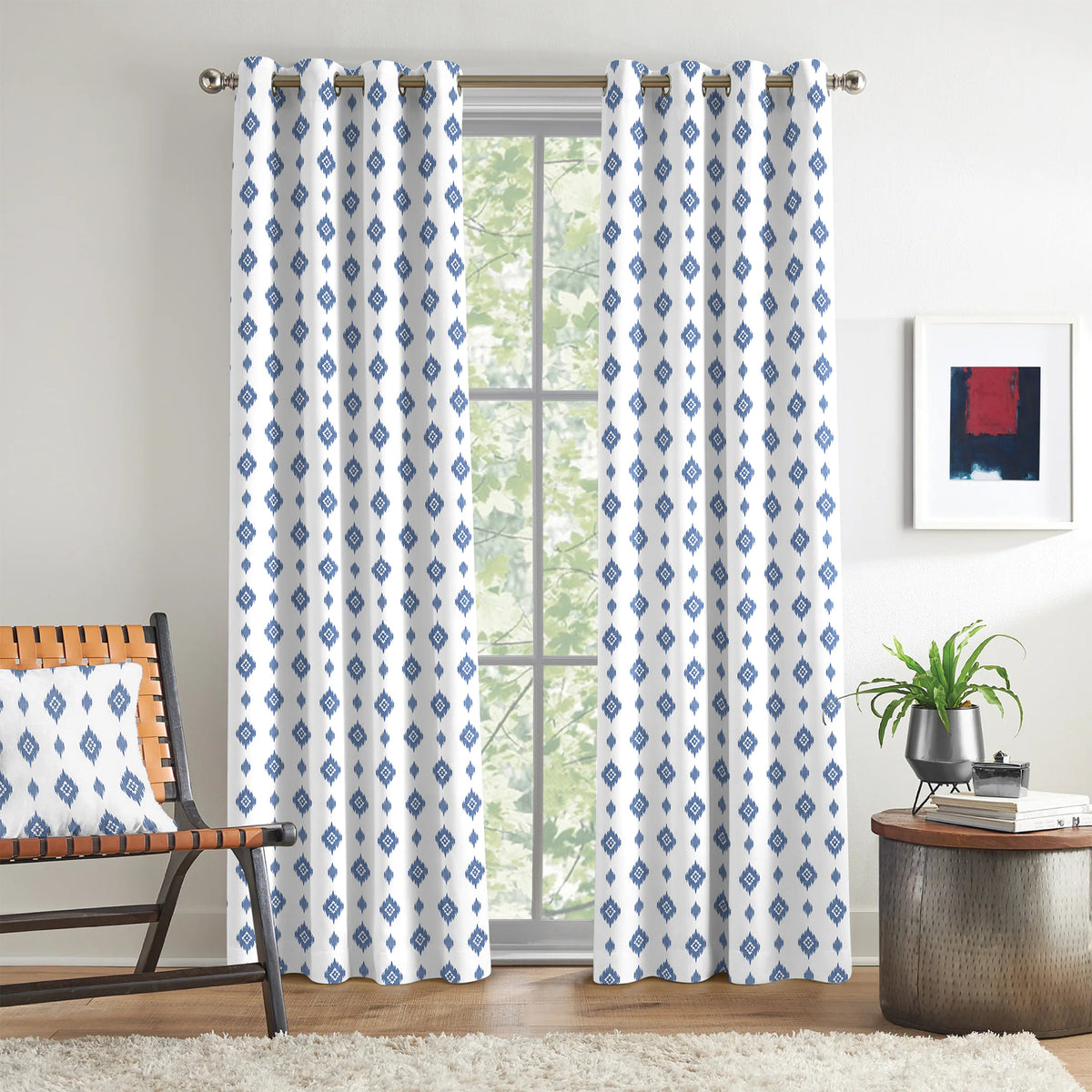 White Grey Petite Diamonds 240 GSM Polyester 80% Blackout Eyelet Curtain