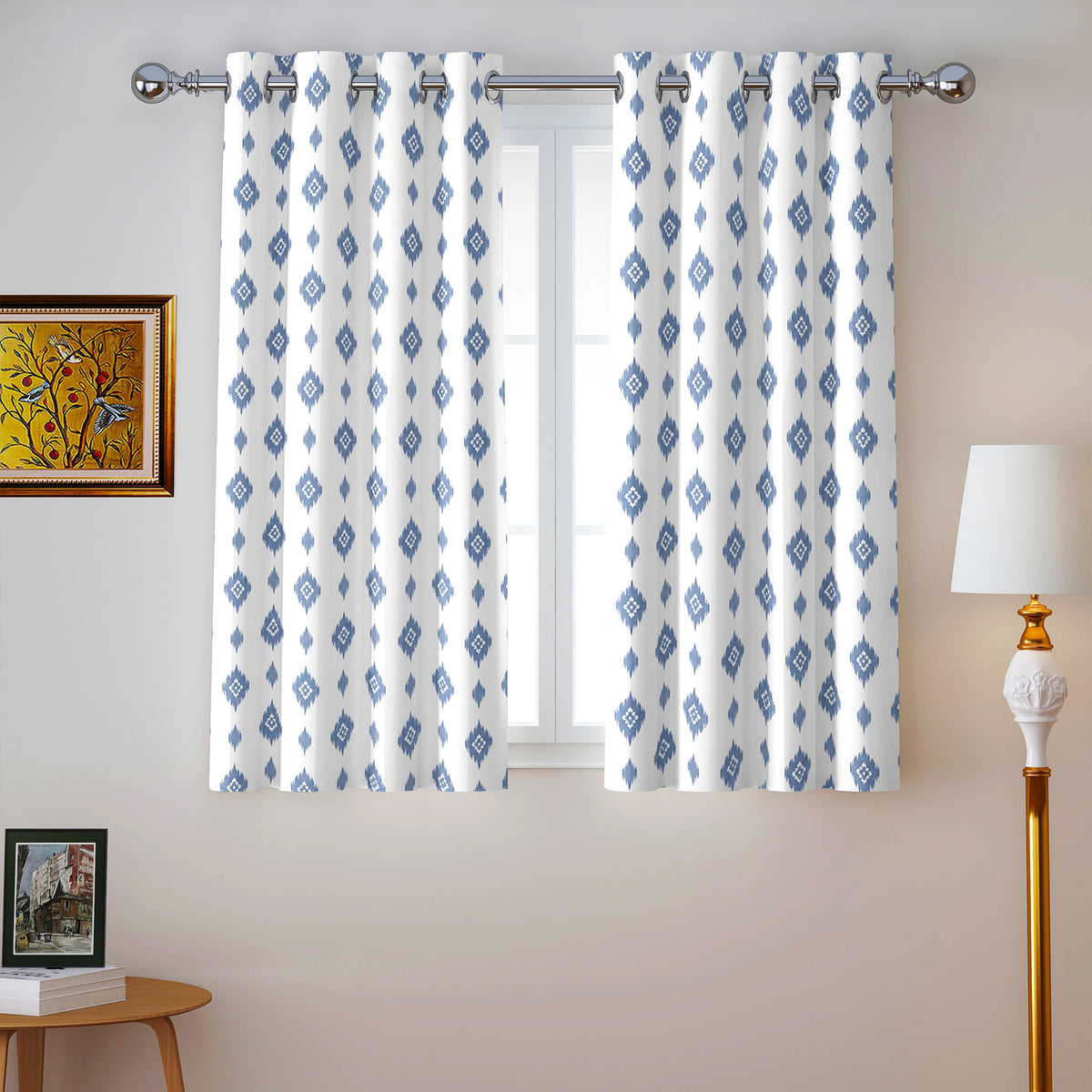 White Grey Petite Diamonds 240 GSM Polyester 80% Blackout Eyelet Curtain