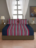 Navy Blue & Red Striped Pure Cotton 240 TC Super King  Bedsheet with 2 Pillow Covers (108x108 Inches)