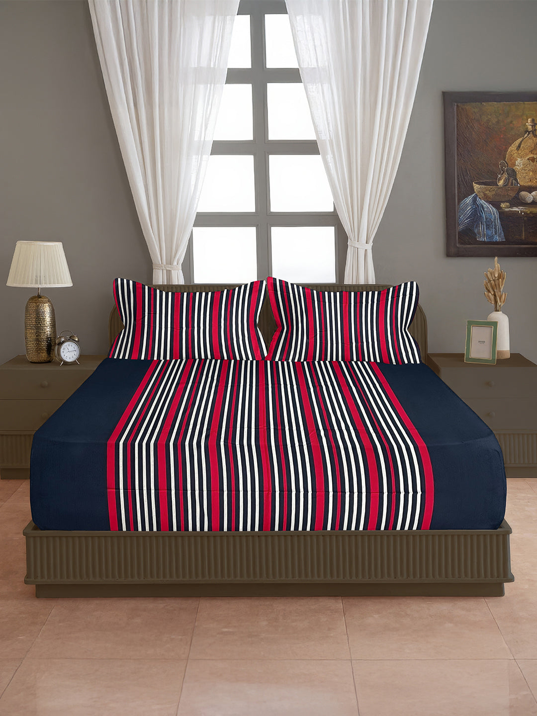 Navy Blue & Red Striped Pure Cotton 240 TC Super King  Bedsheet with 2 Pillow Covers (108x108 Inches)