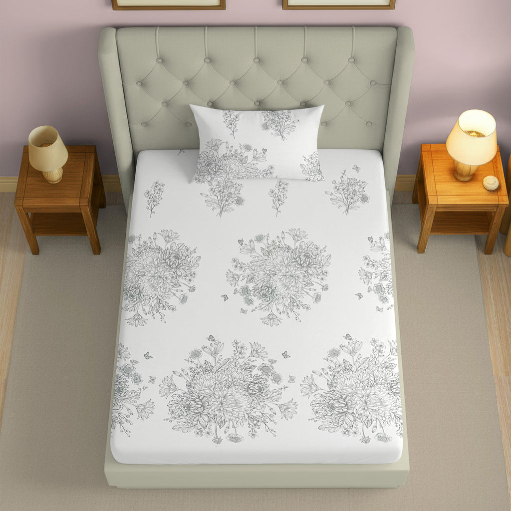 White Floral Printed 250 TC Cotton Single Bedsheet with Matching 1 Pillow Cover (60x90 Inches)