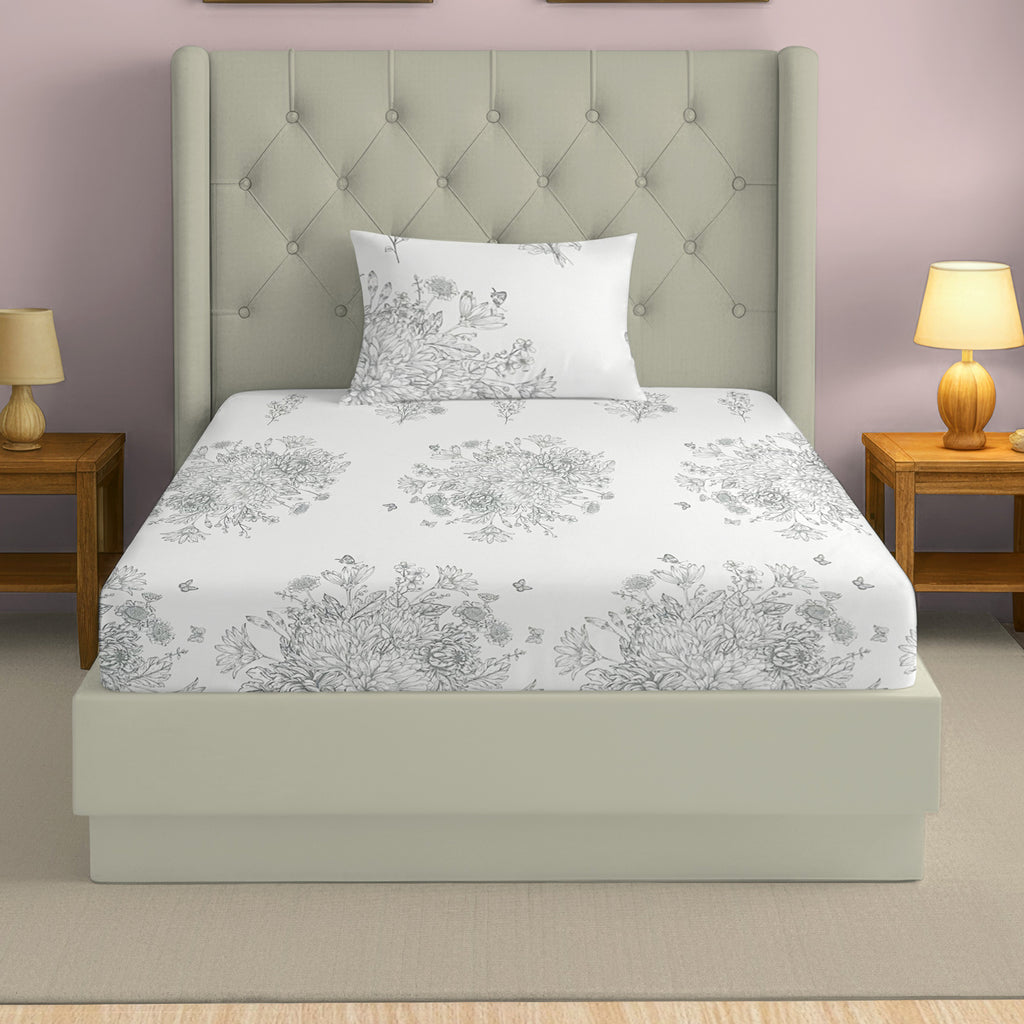 White Floral Printed 250 TC Cotton Single Bedsheet with Matching 1 Pillow Cover (60x90 Inches)