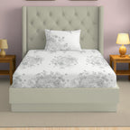 White Floral Printed 250 TC Cotton Single Bedsheet with Matching 1 Pillow Cover (60x90 Inches)