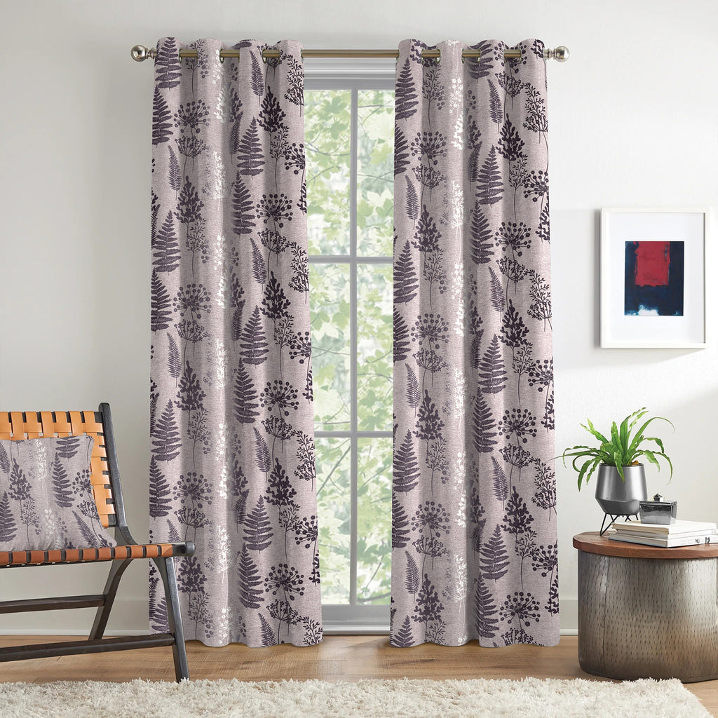Lavender Grey Woodland Ferns 240 GSM Polyester 80% Blackout Eyelet Curtain