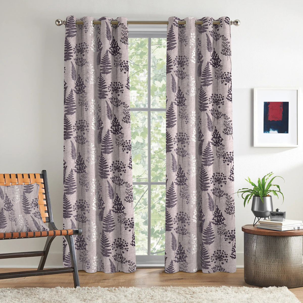 Lavender Grey Woodland Ferns 240 GSM Polyester 80% Blackout Eyelet Curtain